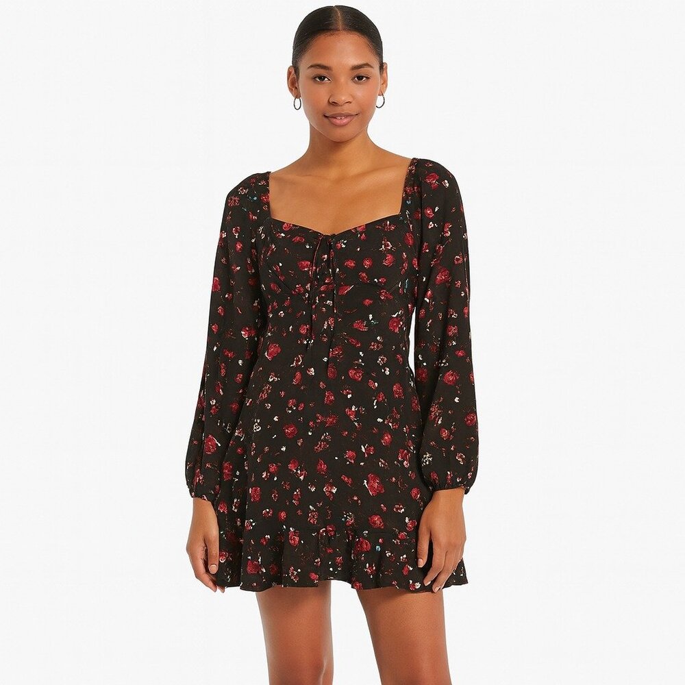 Boohoo Black Floral Long Sleeve Mini Dress Size 4 Square Neck